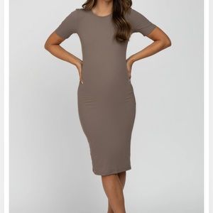 PinkBlush Taupe Ribbed Short Sleeve Fitted Maternity Dress
